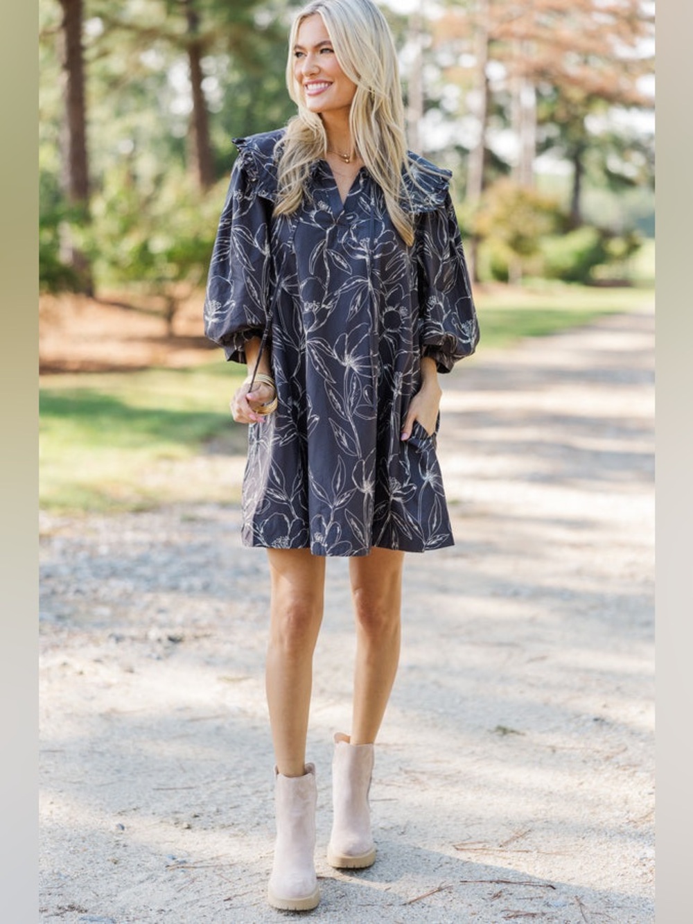 Entro Charcoal Gray Puff Sleeve Babydoll Floral Mini Fall Cotton Dress L